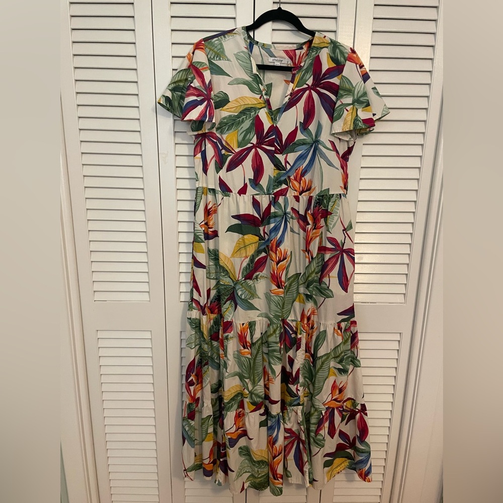 Chico's Red and Yellow Maxi Sundress with Flutter Sleeves